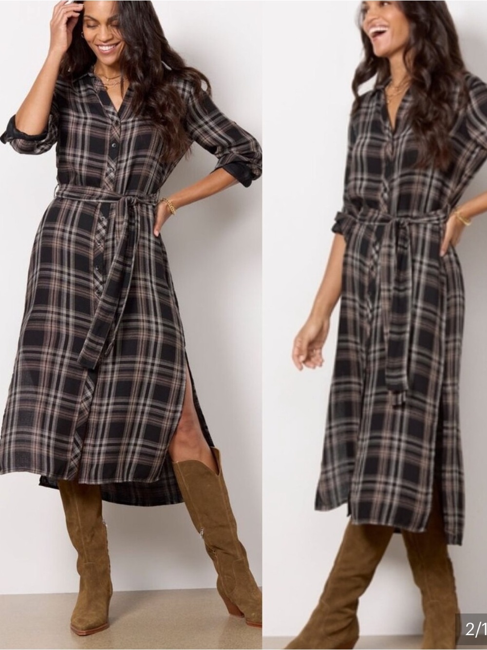 cloth & stone maple wood plaid midi shirt dress